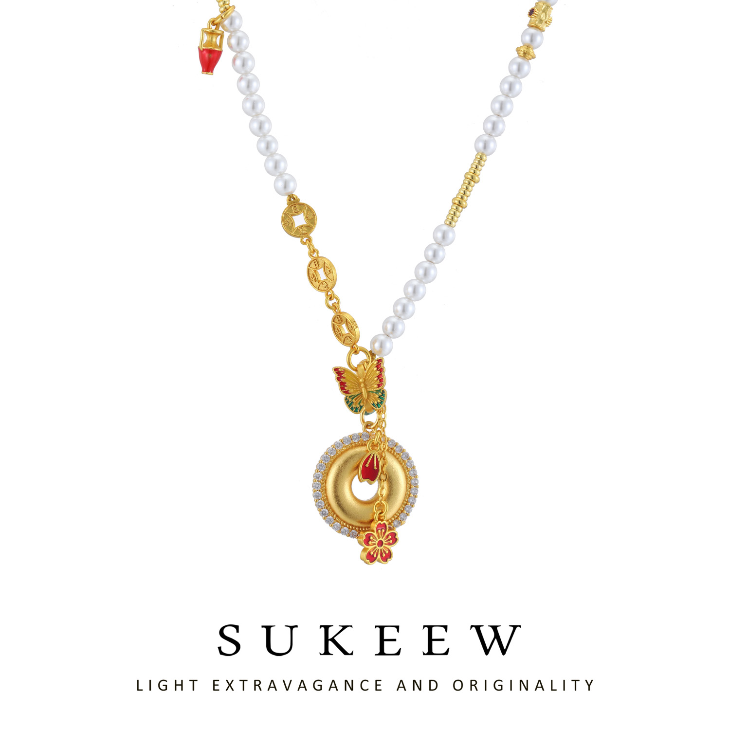 SUKEEW/酥可 铜合金布艺项链 珠珠气质蝴蝶彩绘毛衣项链227006