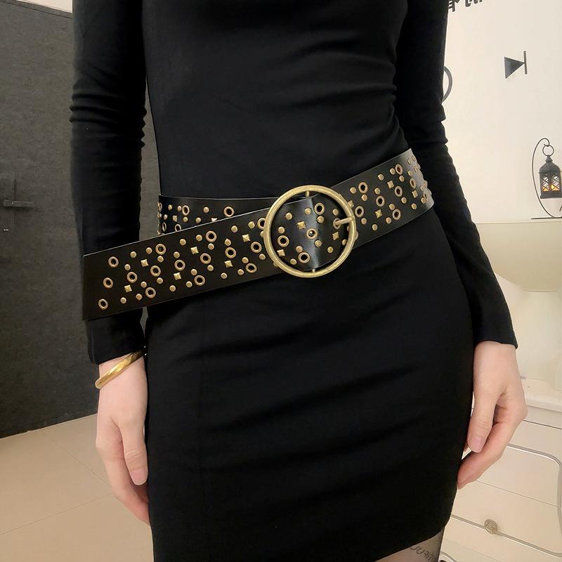 嘻哈辣妹风腰带女多孔铆钉圆环宽版皮带个性朋克复古高级感腰封女