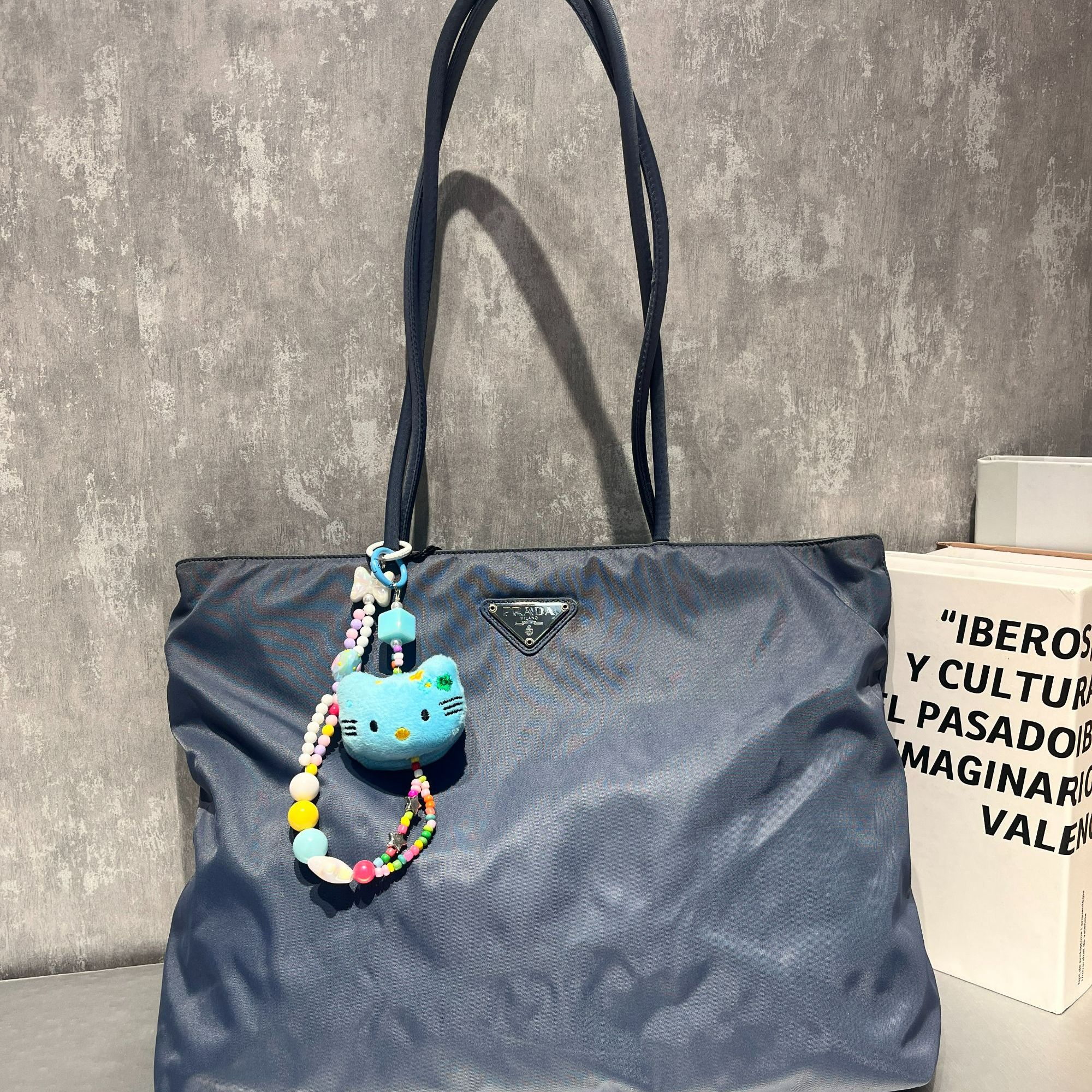 99新 Prada/普拉达 深蓝色尼龙降落伞托特包单肩包 底宽35