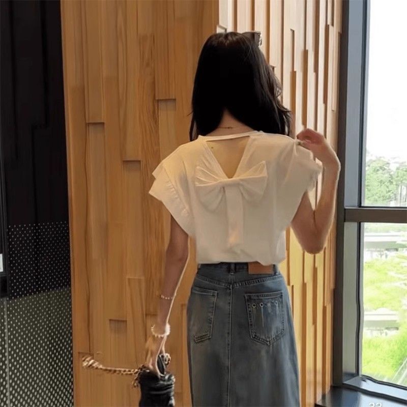 法式甜美飞飞袖T恤女2024夏季新款后背蝴蝶结镂空别致绝美小上衣