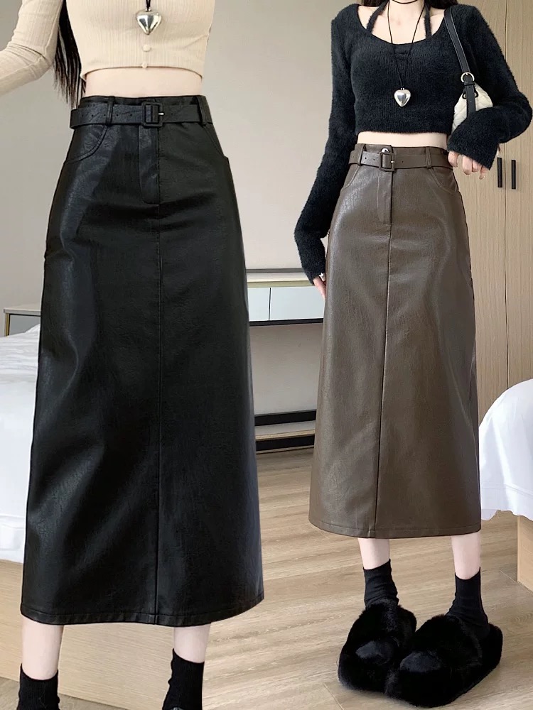 复古直筒半身裙中长款高腰皮裙女秋冬季2025新款A字裙包臀裙裙子