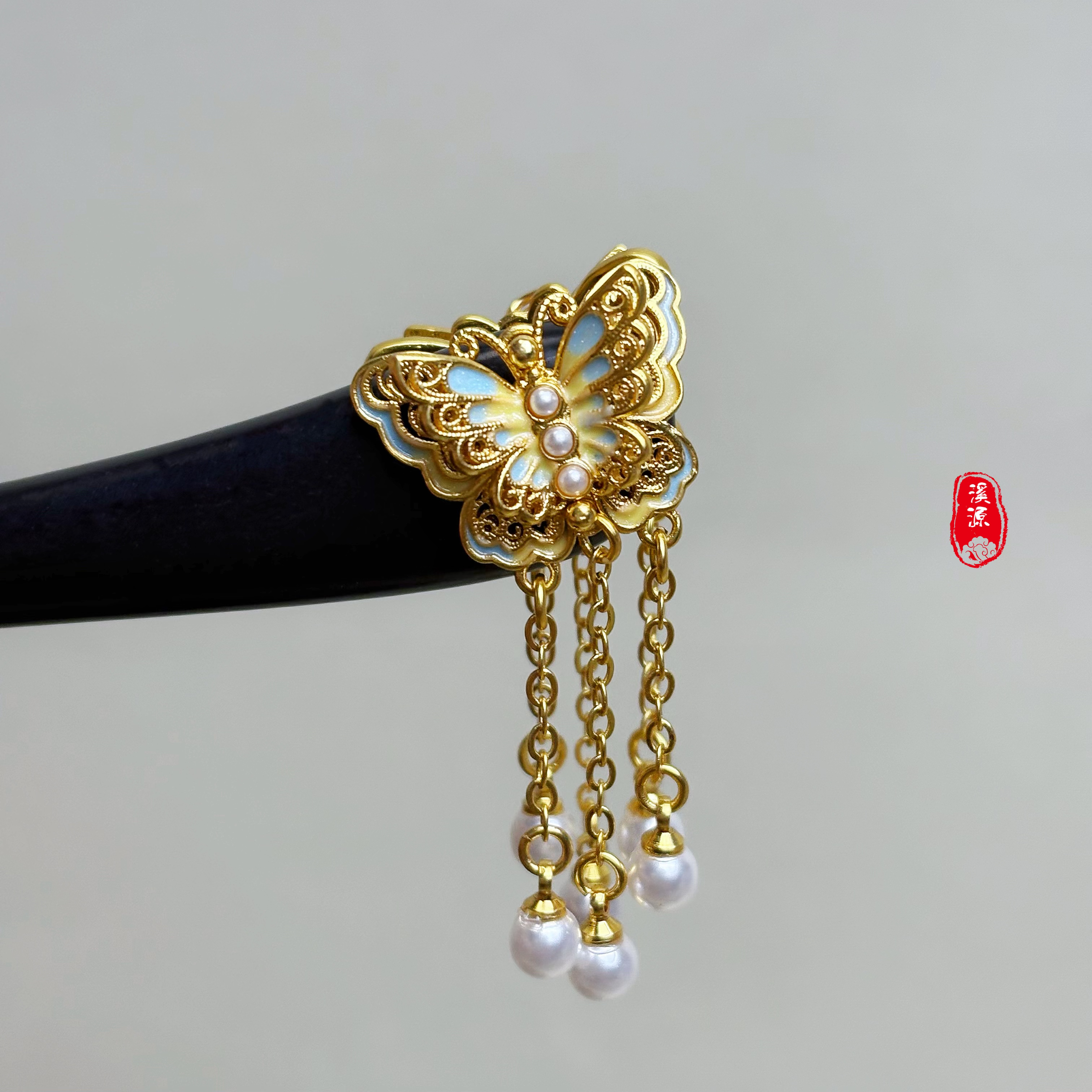 13厘米新中式紫光黑檀木U型蝴蝶精致百搭日常饰品金缕蝶