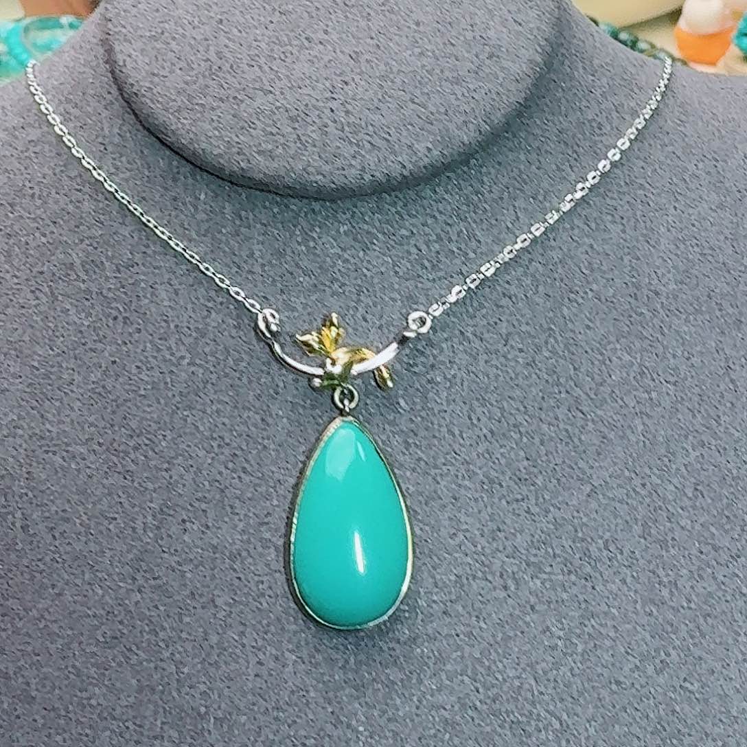 绿松石银S925镶嵌珠宝奇石精致水滴项链
