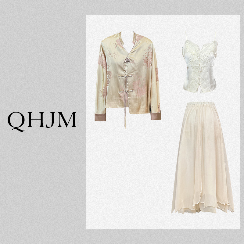 【青青子衿】国风新中式缎面提花盘扣套装2025春季新款三件套