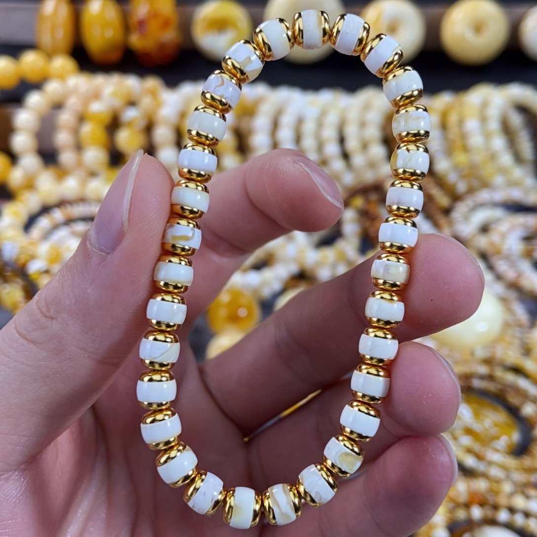 琥珀手链银S925镀金镶嵌6mm漆白