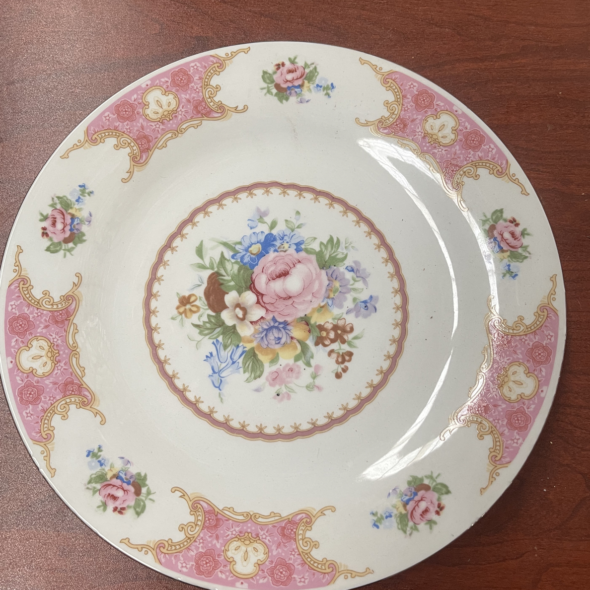 老厂出口瓷26厘米圆盘茶盘点心盘釉上贴花进口花纸老工艺微瑕