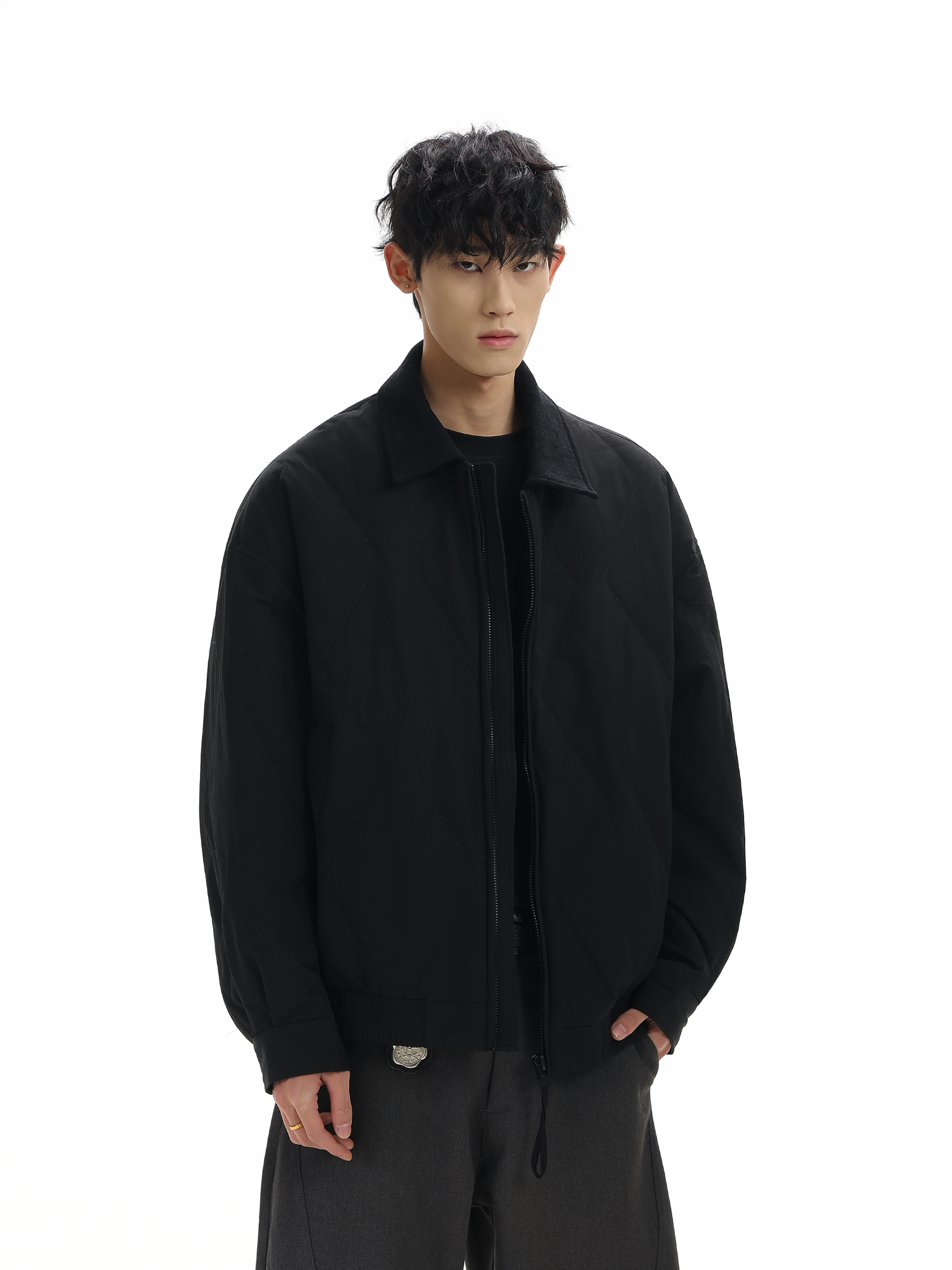 纯色拼接菱形格90白鸭绒翻领保暖宽松短款休闲秋冬百搭简约羽绒服