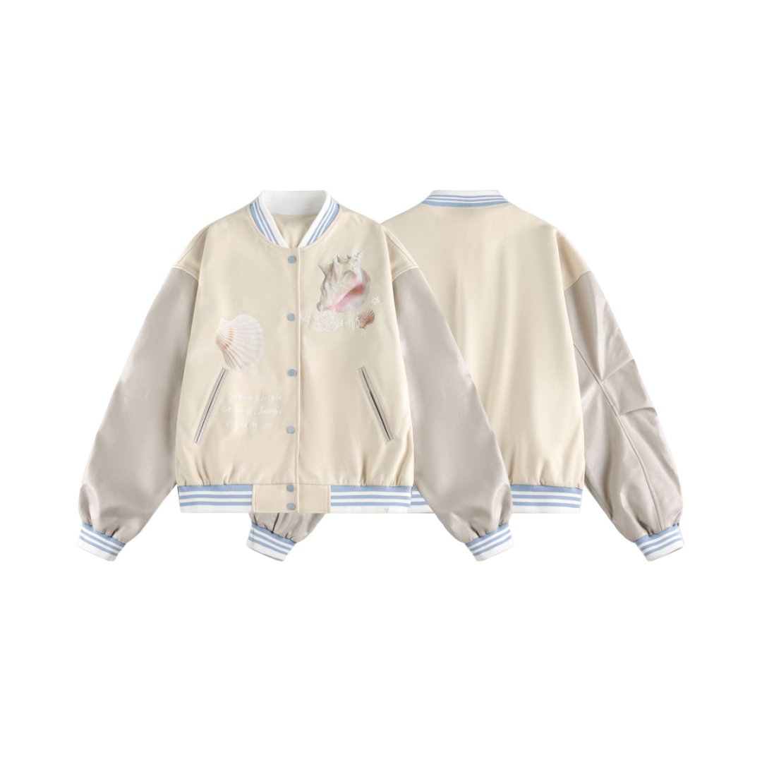 TOM潮 秋季新款韩系棒球领刺绣印花棒球服短外套皮面拼接减龄百搭