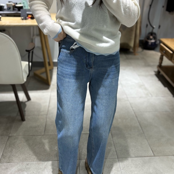 「九分窄版直筒」加绒水洗做旧牛仔裤女高腰显瘦蓝色四面弹小个子冬