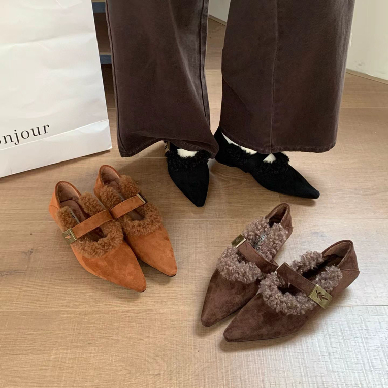 Y 922-27 法式复古金属扣毛毛2025秋冬新款耐磨百搭单鞋