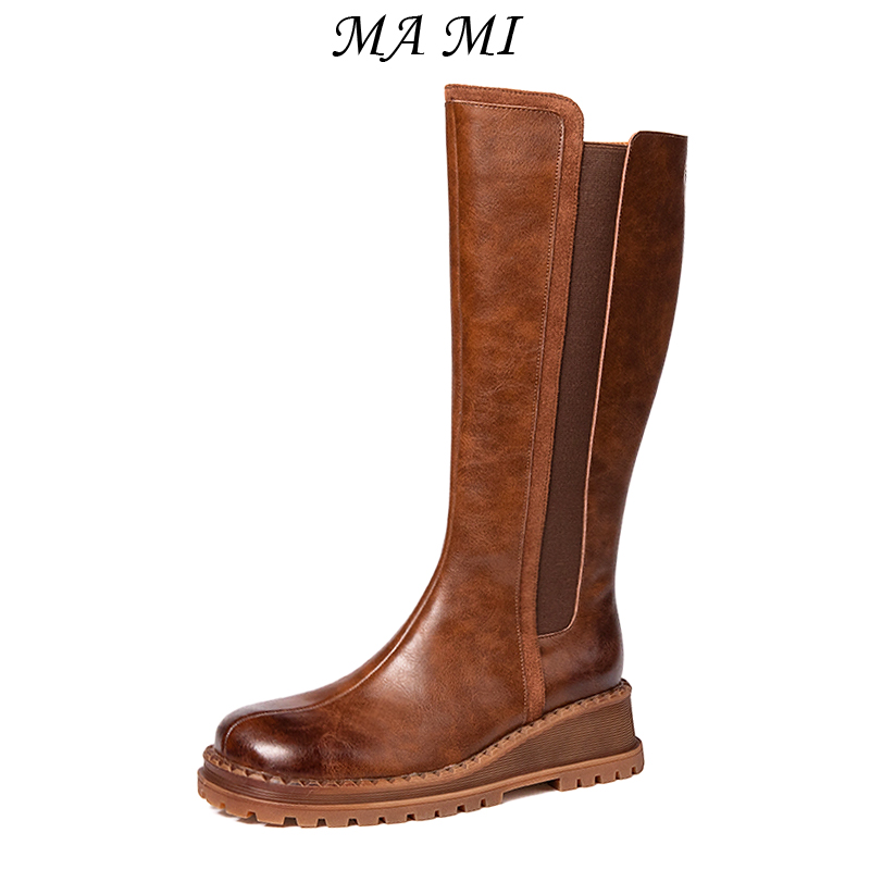 【MAMI】真皮高筒靴加大筒腿粗加绒厚底骑士靴/长筒不过膝痩痩女靴