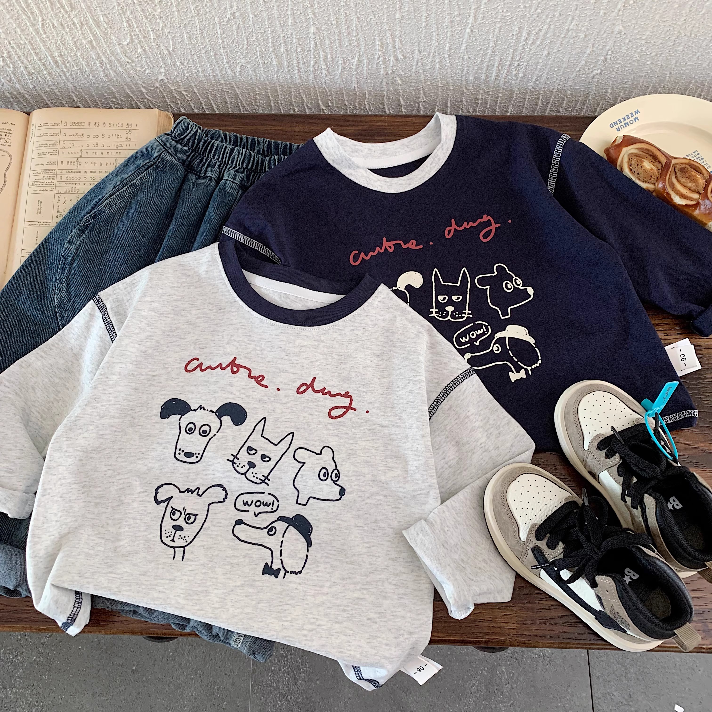 2025秋季新款儿童t恤韩版男童纯棉内搭小狗长袖打底衫宝宝秋装潮