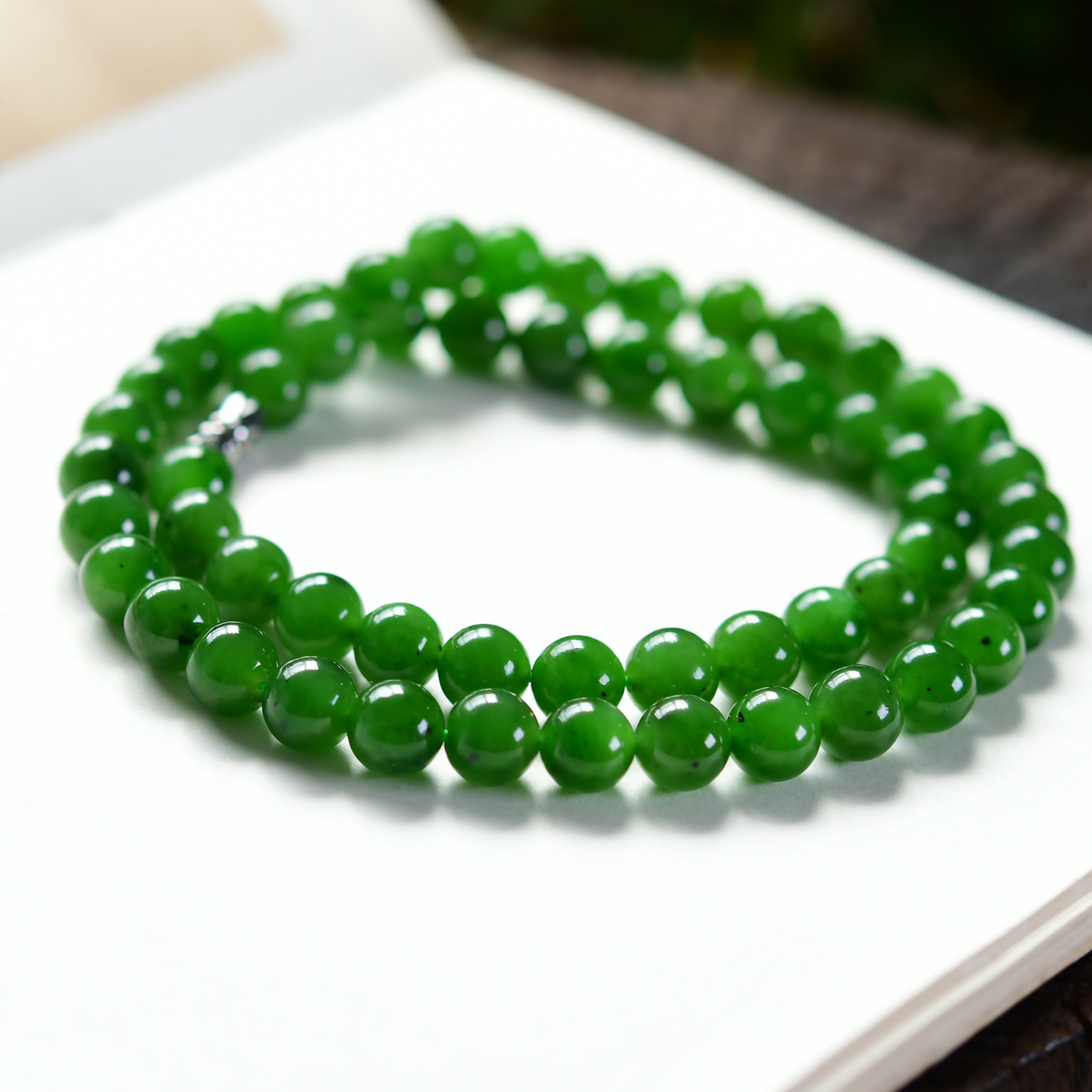 天然和田玉项链俄料7号矿碧玉圆珠菠菜绿8mm链珠多圈妈妈链绿色