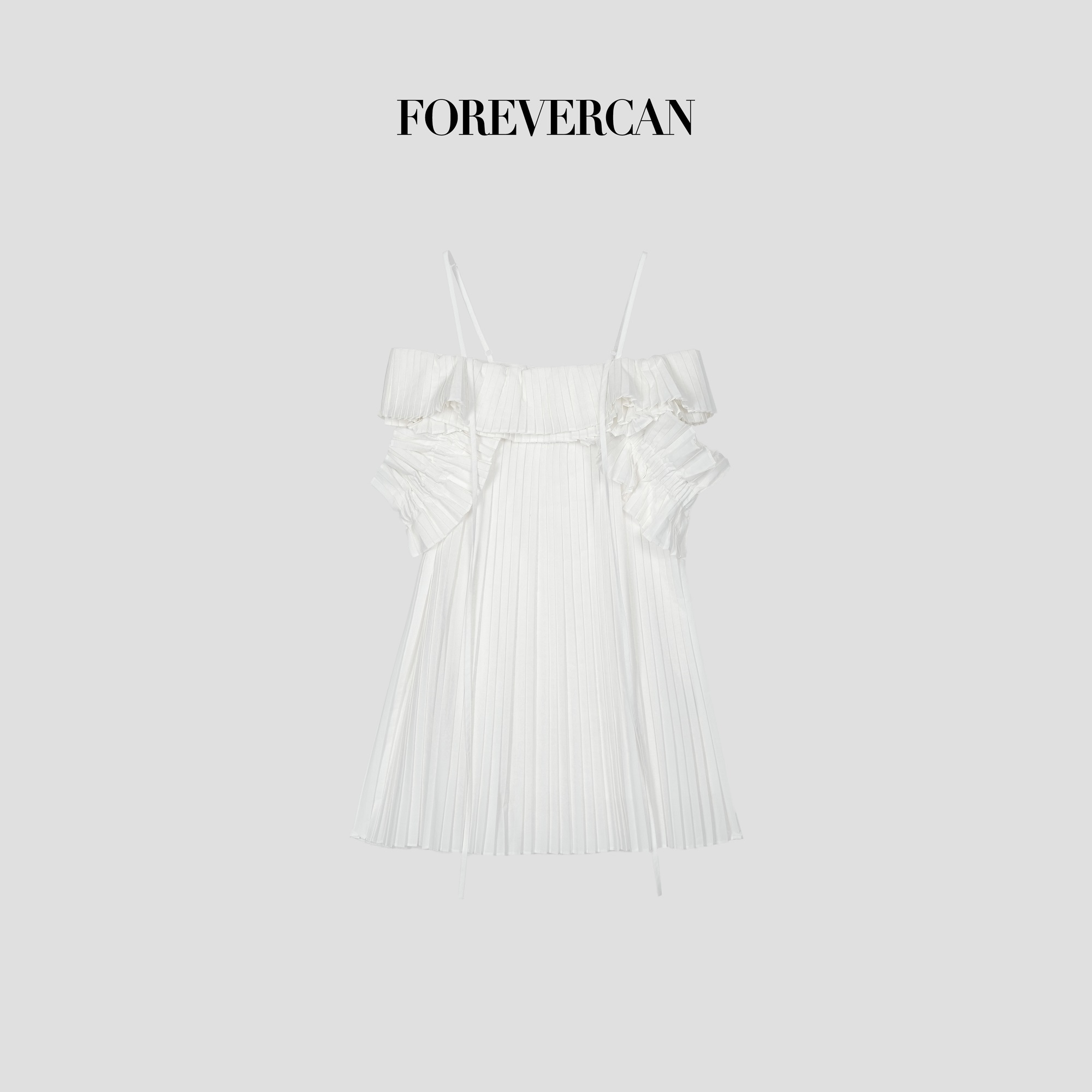 FOREVERCAN“巴厘岛假日”法式露肩吊带百褶连衣裙 CANSD11351