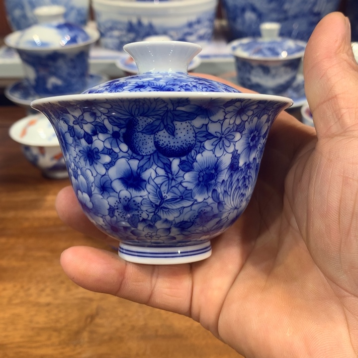 柴窑青花万花盖碗