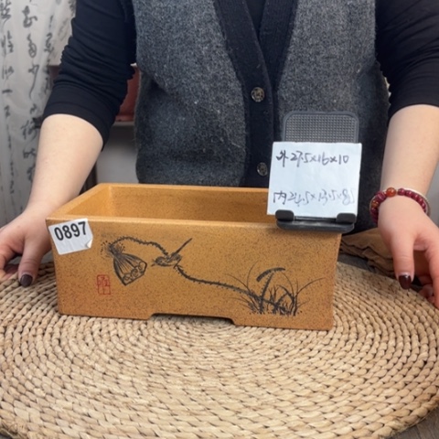 紫砂花盆柴烧精工刻绘中长方0897