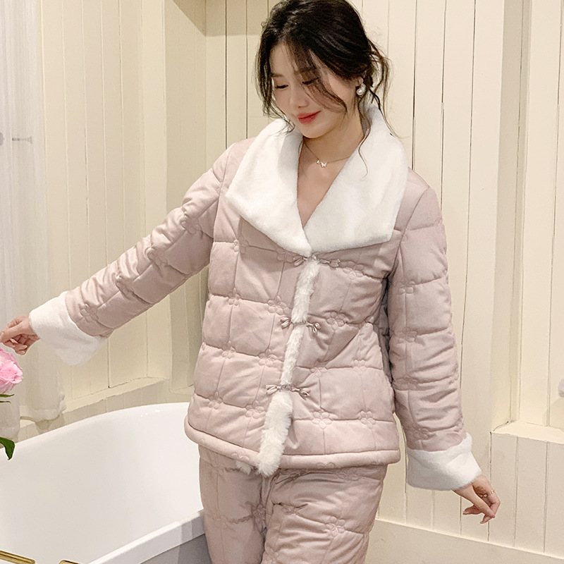 知歌套装特厚三层夹棉睡衣法式冬季新款甜美可爱女家居服加厚保暖