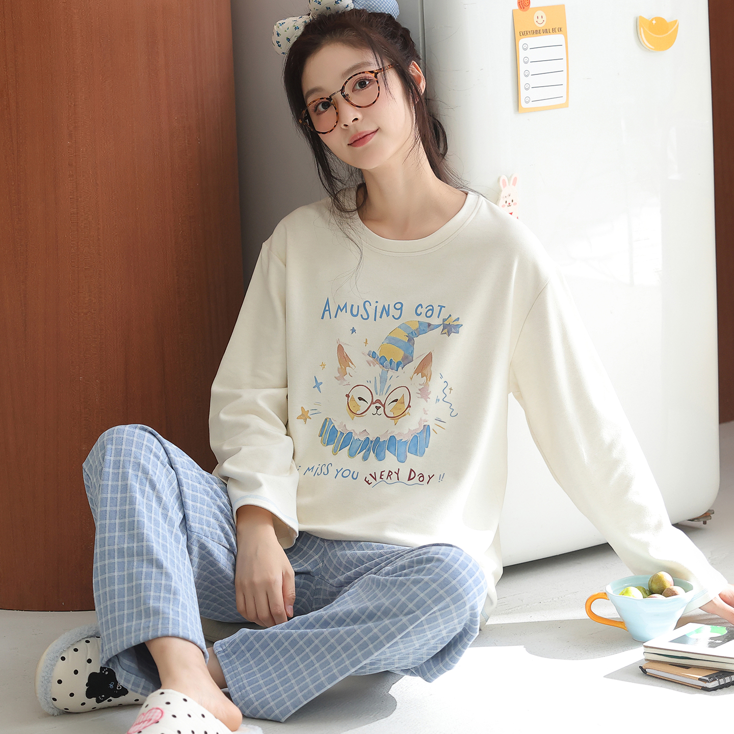 卡之恋睡衣女秋冬季新款长袖蓝格音乐猫加绒加厚家居服