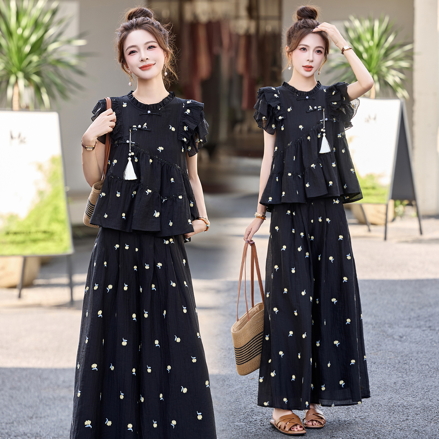 新中式国风刺绣盘扣套装女2025夏季新款高级感气质阔腿裙裤两件套