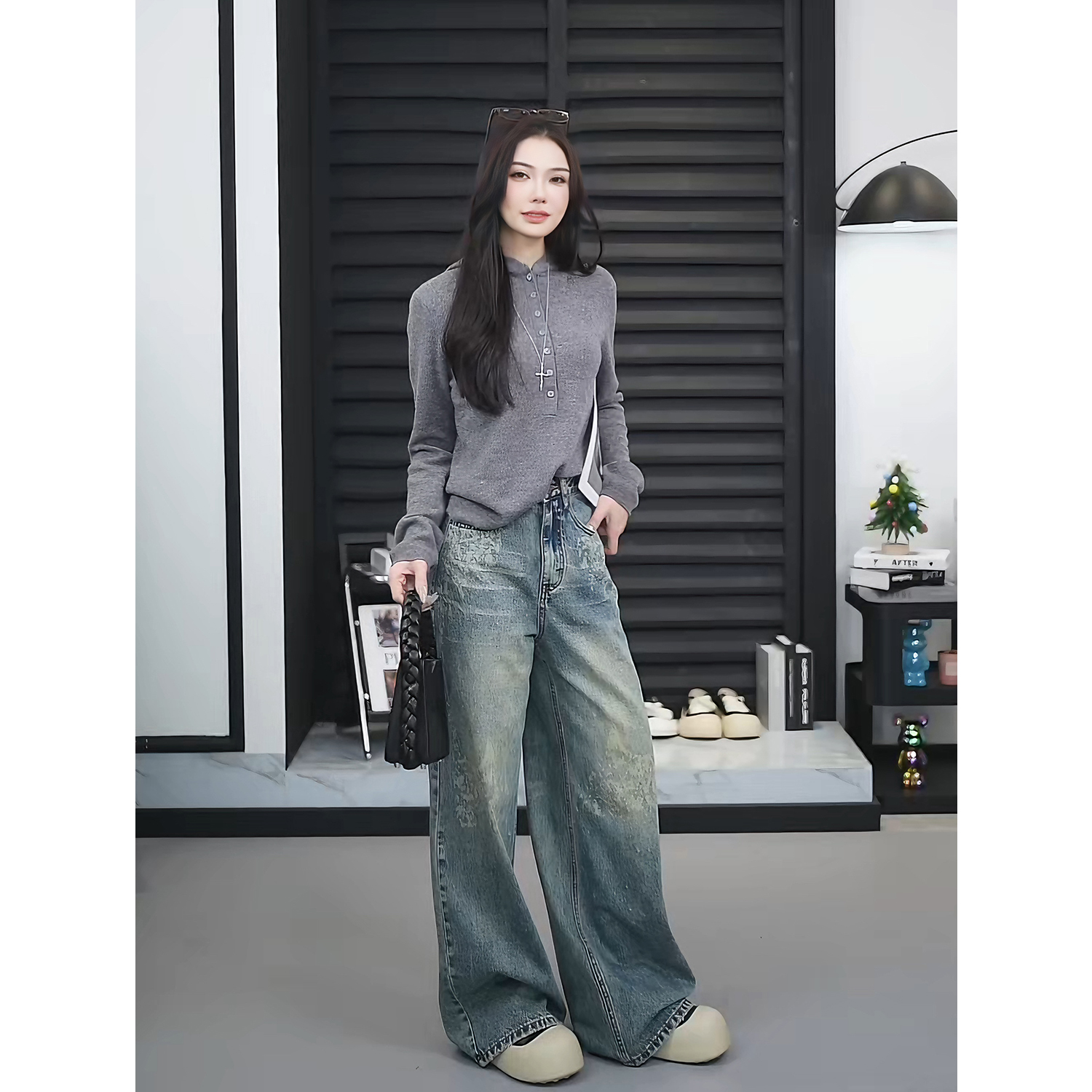 【法法家】THFA3336C-怀旧蓝早春个性百搭阔腿休闲牛仔裤高腰女