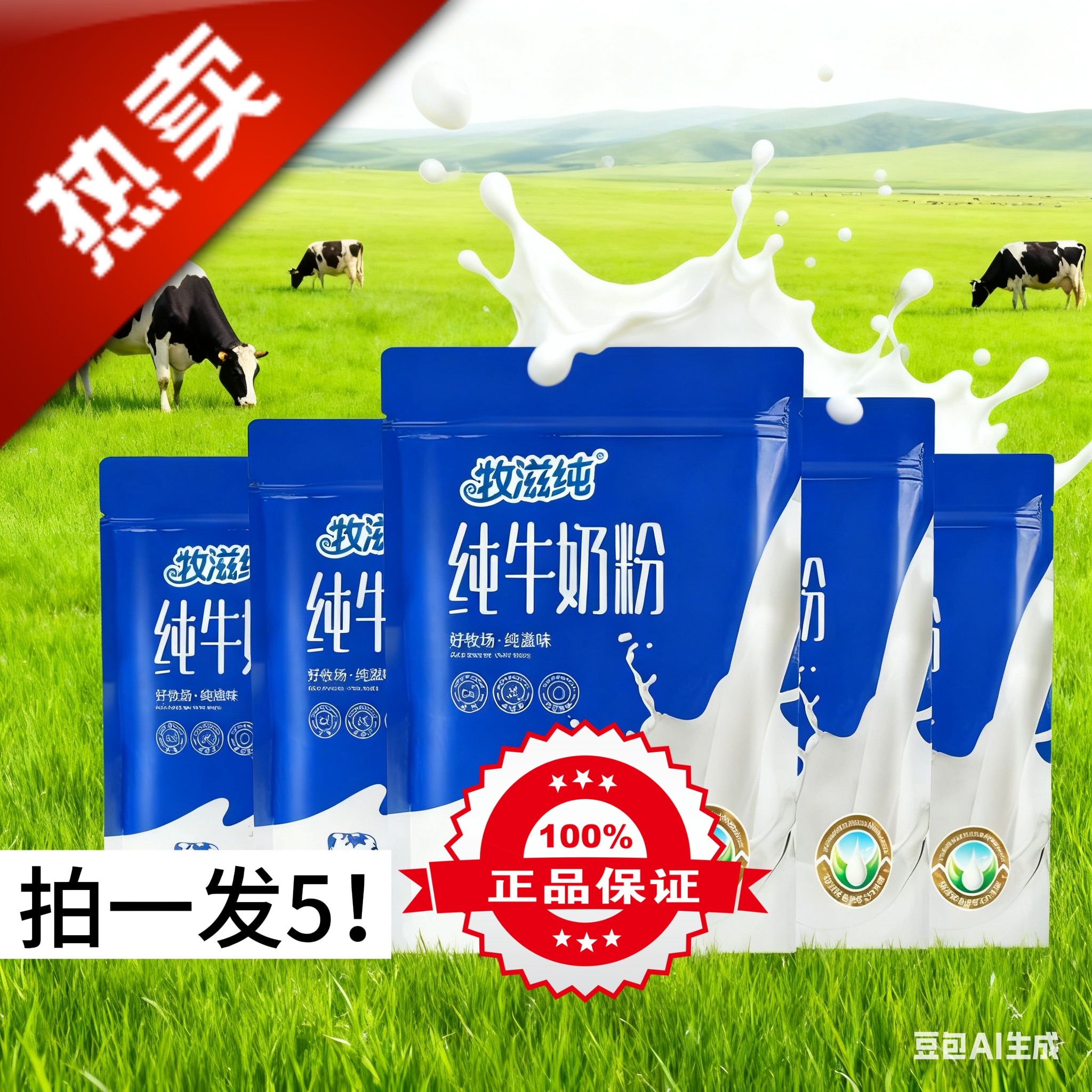 牧滋纯内蒙古纯牛奶粉300g实惠装全脂高钙冲调乳制品五袋纯奶粉