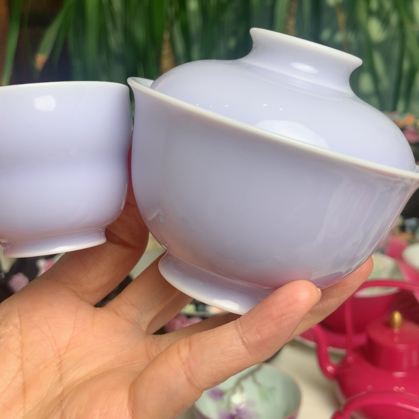 【闪购商品】紫色套装盖碗和杯子手工制作景德镇