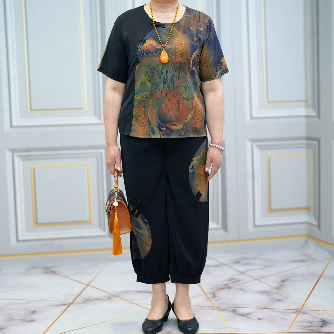 新中式妈妈装印花短袖气质两件套时尚洋气女装大码妈妈国风套装