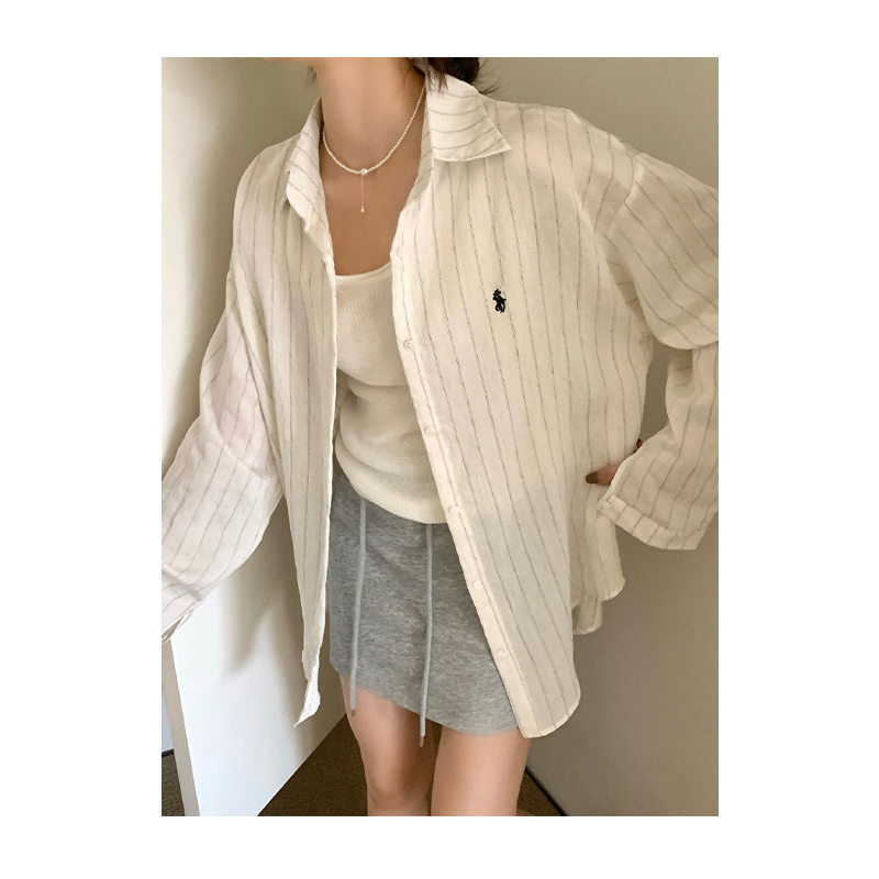 LAFAN 小马轻薄亚麻条纹刺绣衬衫 松弛感穿搭 夏季防晒衬衣