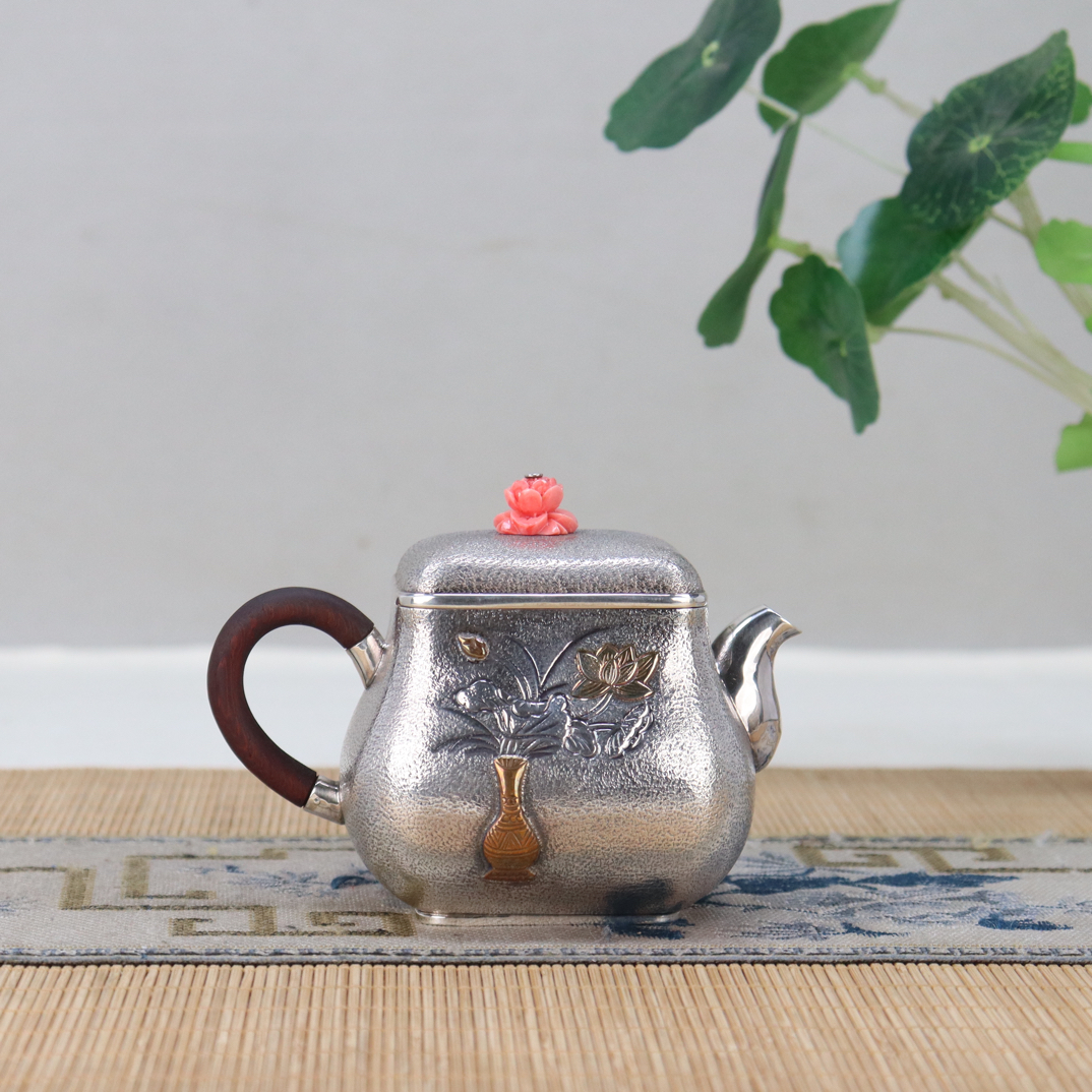 手工四方平安富贵家用纯银功夫茶器泡茶壶手工银壶纯银泡茶壶