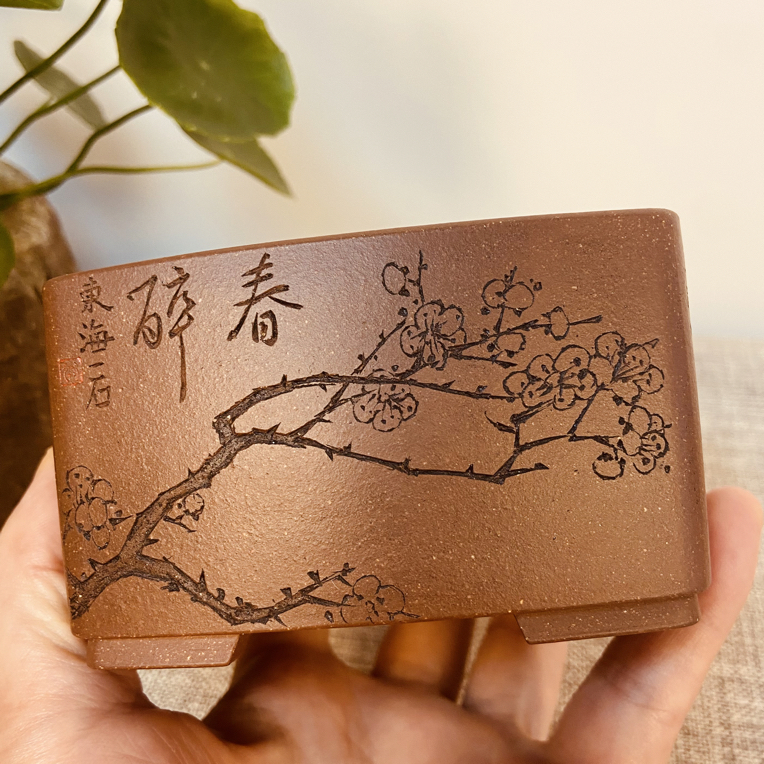 全手工花盆，高工一石老师刻绘四君子，内口9.1，内深4.8精美高档i