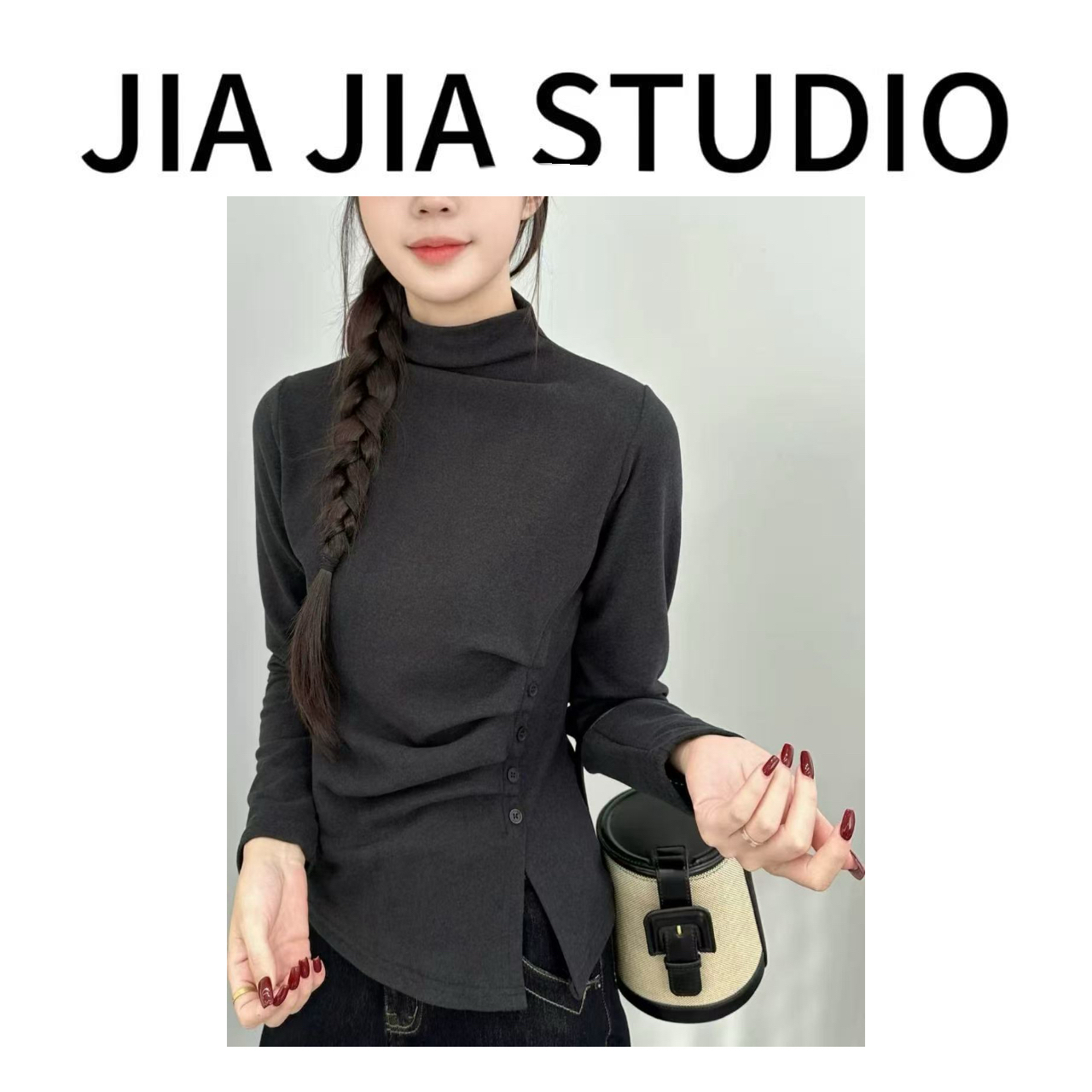 嘉嘉推荐#2311-1【冬季加绒加厚款】设计感半高领侧边开叉打底衫