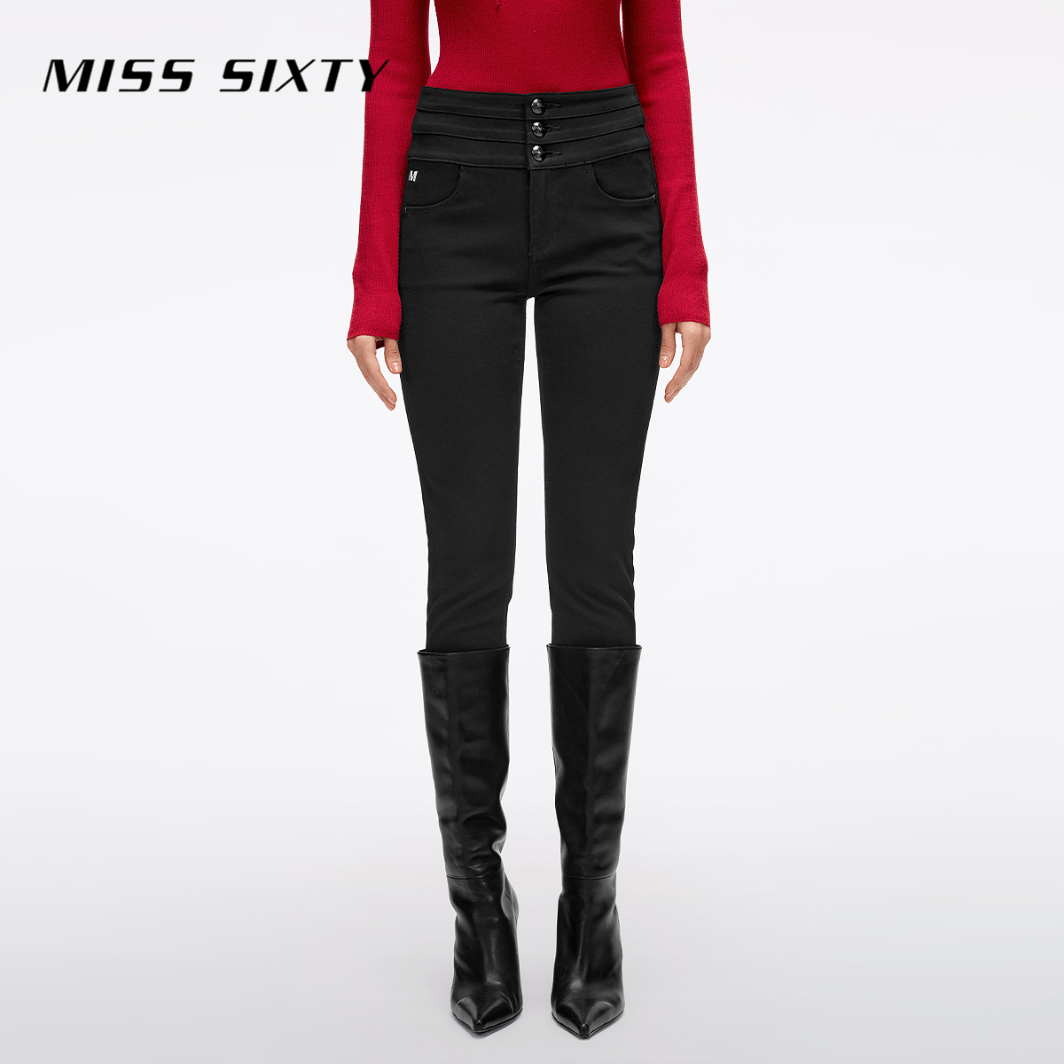 【妙妙专属】Miss Sixty春季新款牛仔裤女三环高腰显瘦黑色修身铅