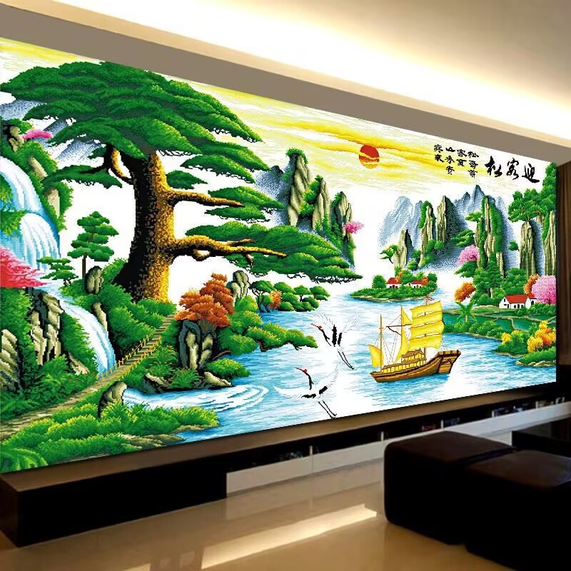 流水生财迎客松钻石绣钻石画点钻十字绣客厅新款客厅风景砖秀满钻