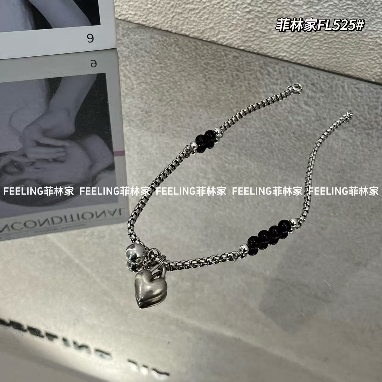 铜合金项链 菲林家FL 525小众复古爱心圆珠吊坠锁骨链
