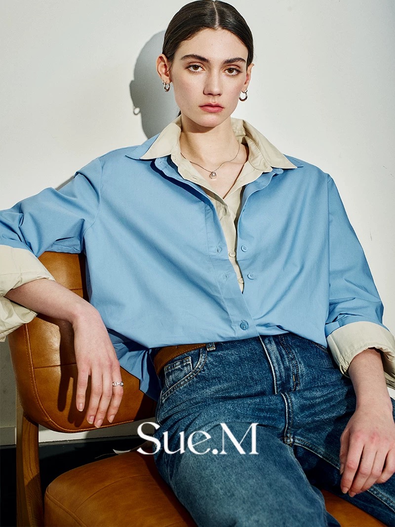 Sue.m进口100%棉不易皱长袖衬衫显瘦新款高级感正肩白色衬衣外搭