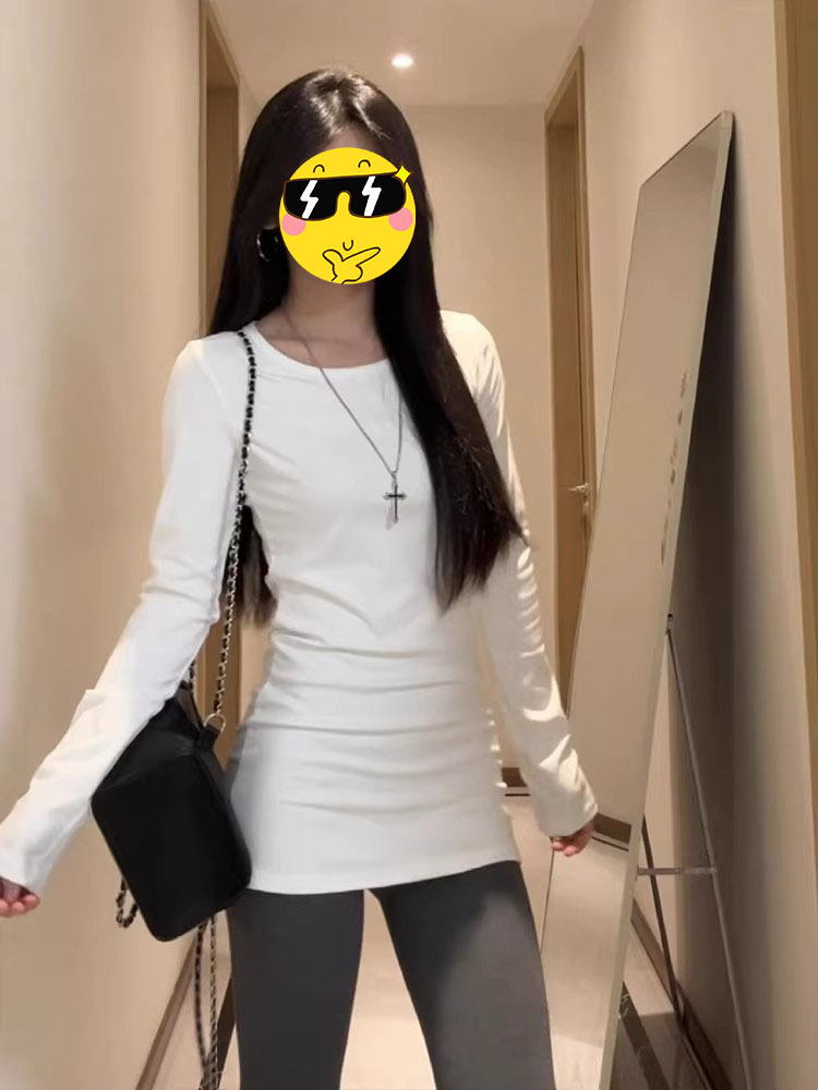 【现货24H+运补3-5】德绒白色正肩长袖T恤女秋冬百搭中长款打底上衣