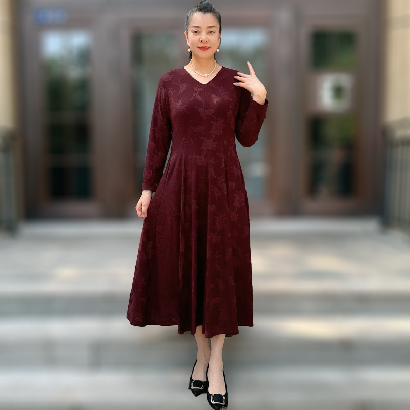 中年女秋装气质长袖打底长裙弹力显瘦洋气妈妈装遮肚优雅大摆裙子