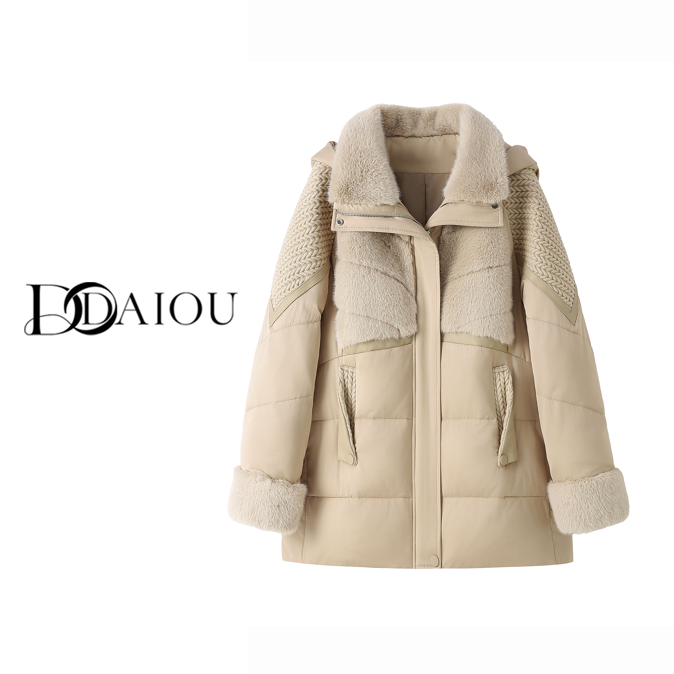 【DaiOu专属】2025新款真皮拼接桑蚕丝休闲连帽羽绒服7982