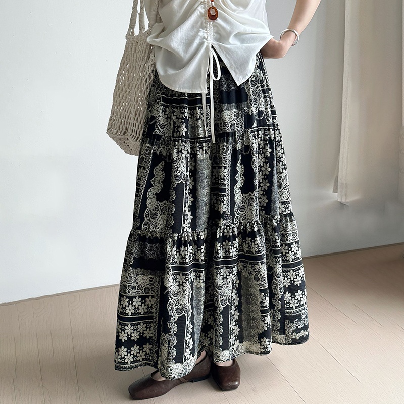 【将军工厂店】波西米亚富贵棉抽绳拼接半身裙2025春夏新款高腰长裙