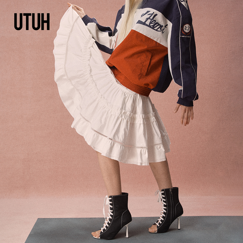 UTUH  白色拼接木耳边松紧腰头设计蓬蓬半身裙女气质  TDWWS1Q069