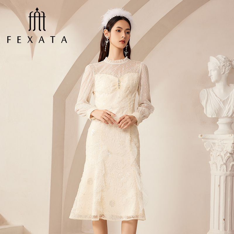【达人专属】FEXATA斐格思网纱鱼尾裙长袖浪漫蕾丝连衣裙