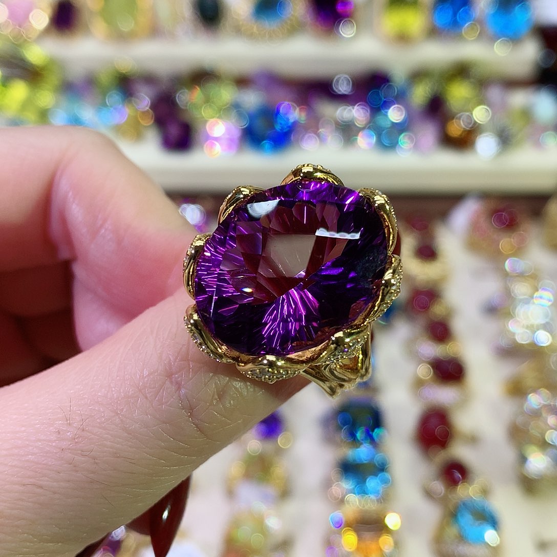 紫晶戒指银S925镀金镶嵌
