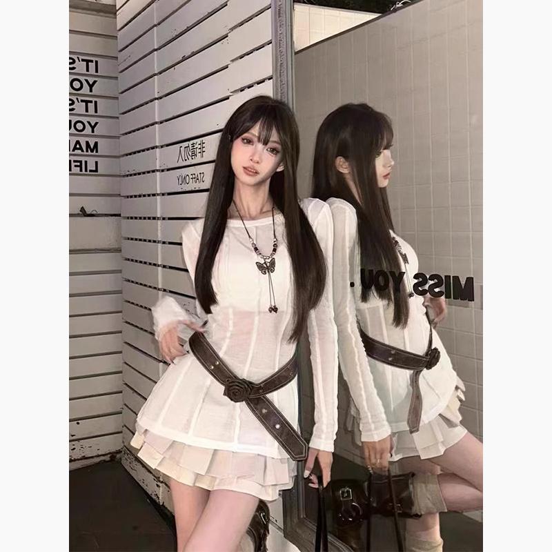 【2032】法式辣妹设计感微透修身显瘦上衣女高腰百褶短裙套装