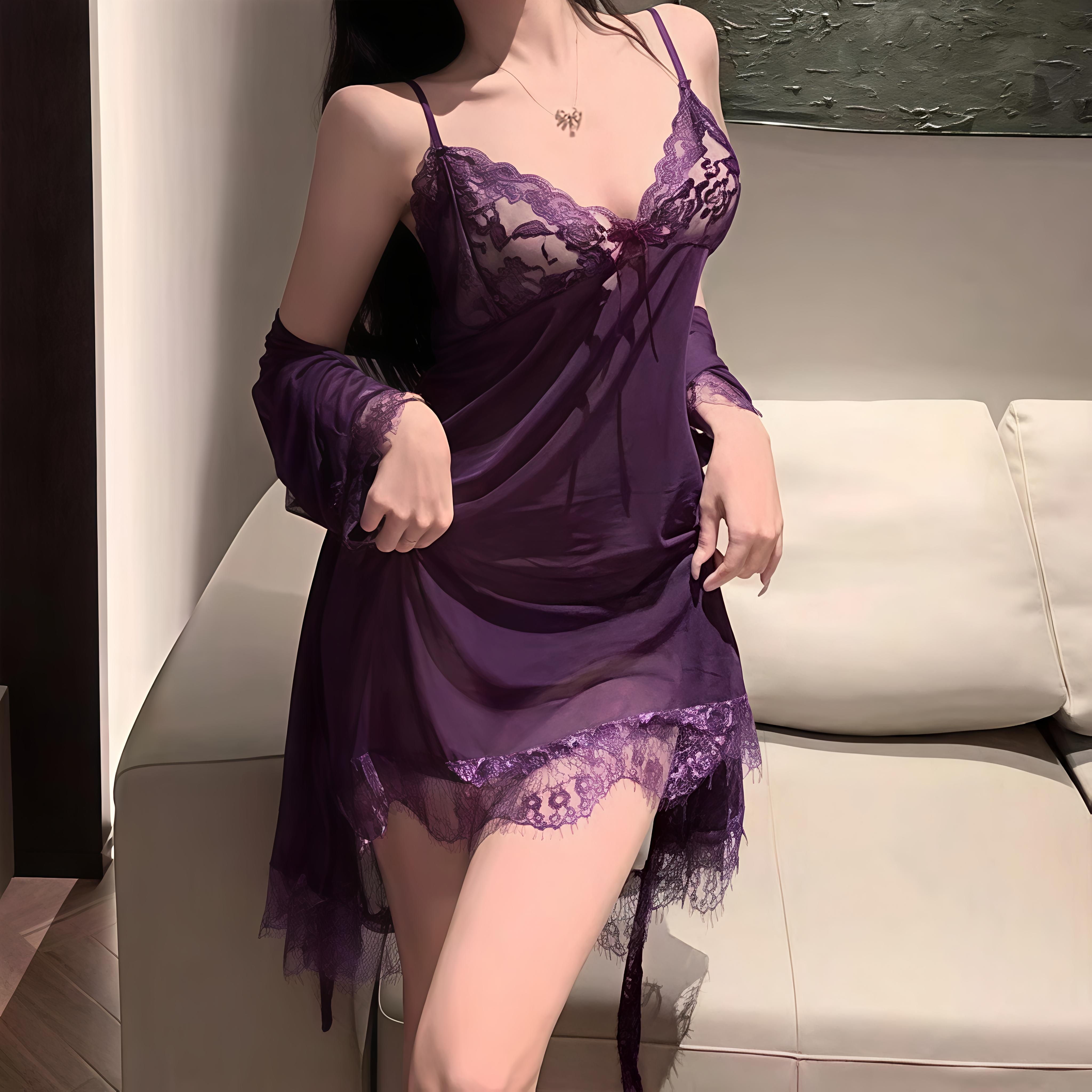 Kitten-【月魄萦身】吊带蕾丝梦幻紫浴袍睡衣睡裙套装