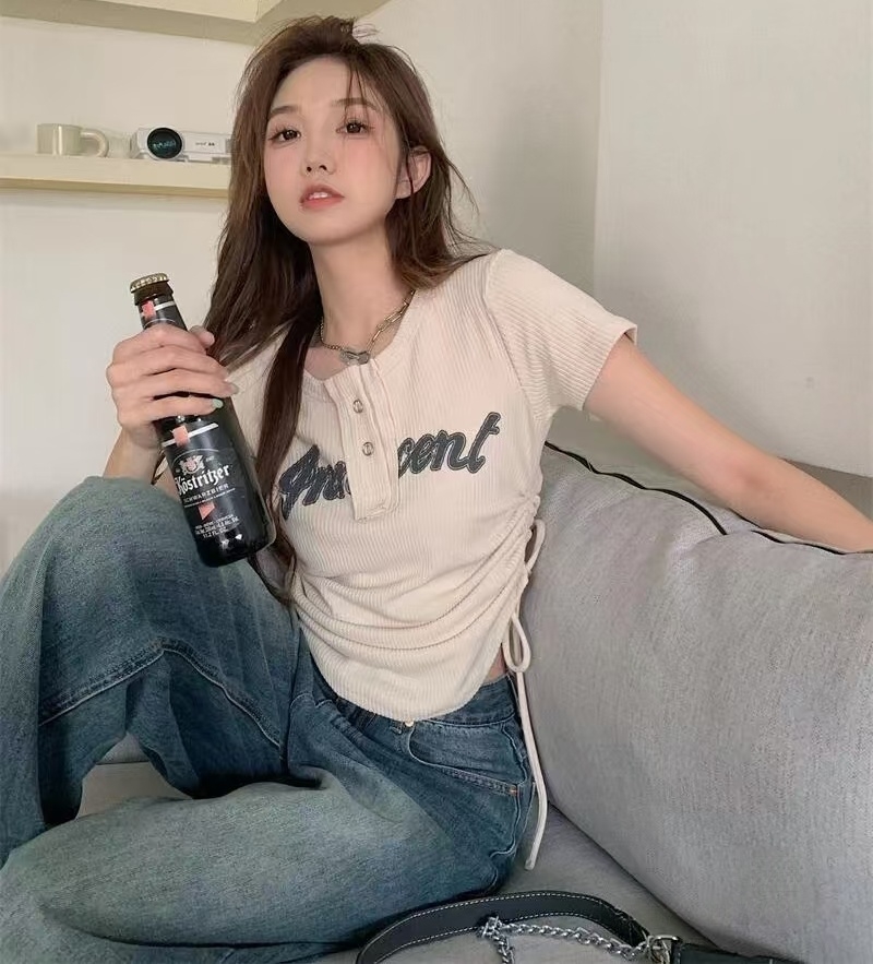 静奢风女宽松牛仔裤褶皱直筒裤百搭高腰裤子-69180