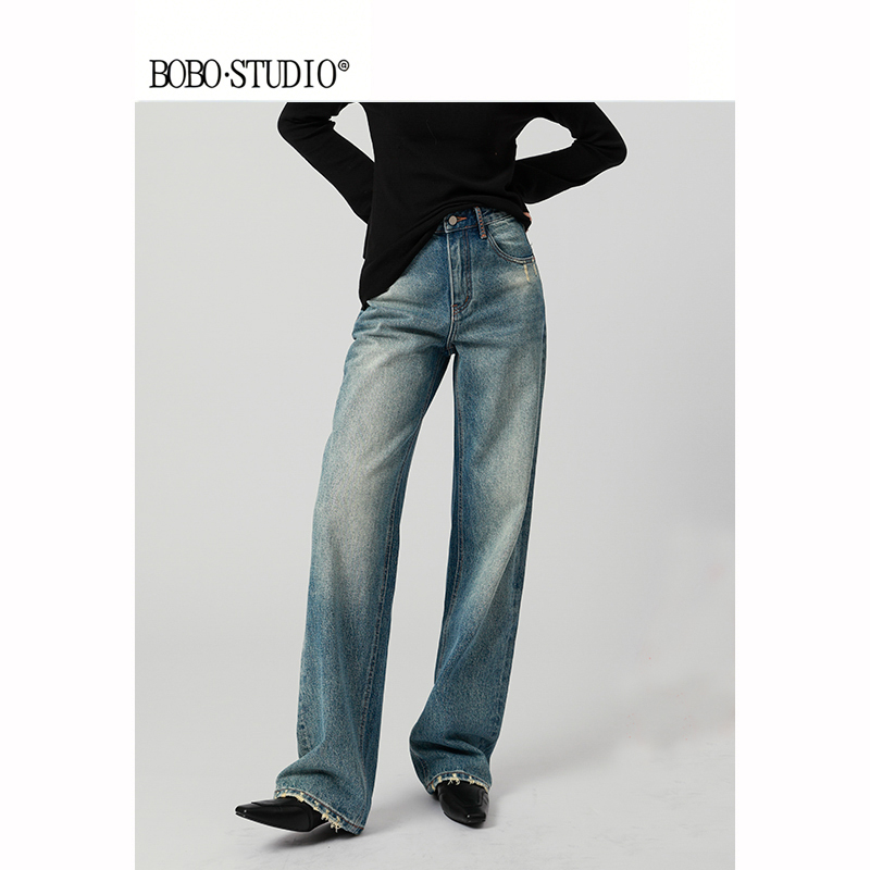 《波波studio》高腰窄版阔腿牛仔裤女宽松显瘦垂感直筒高级感拖地裤