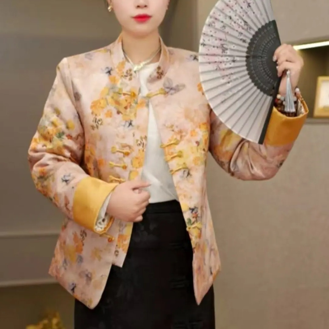 2441国潮中式复古印花立领夹棉外套棉服棉袄百搭时尚中国风短款紫