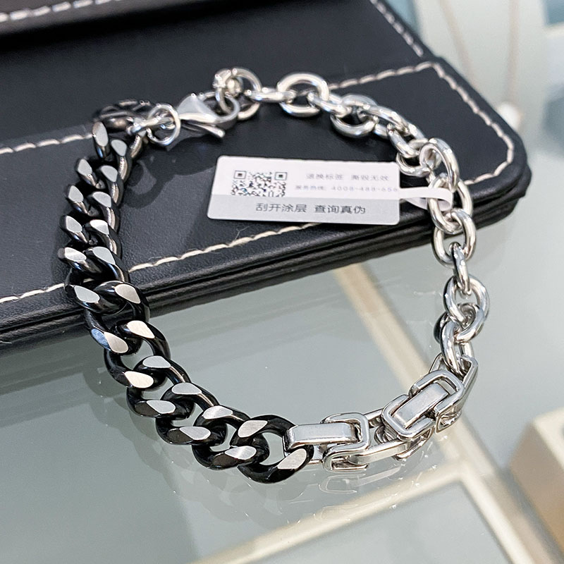 钛钢手链 银+黑  古巴手链撞色拼接嘻哈风B1177