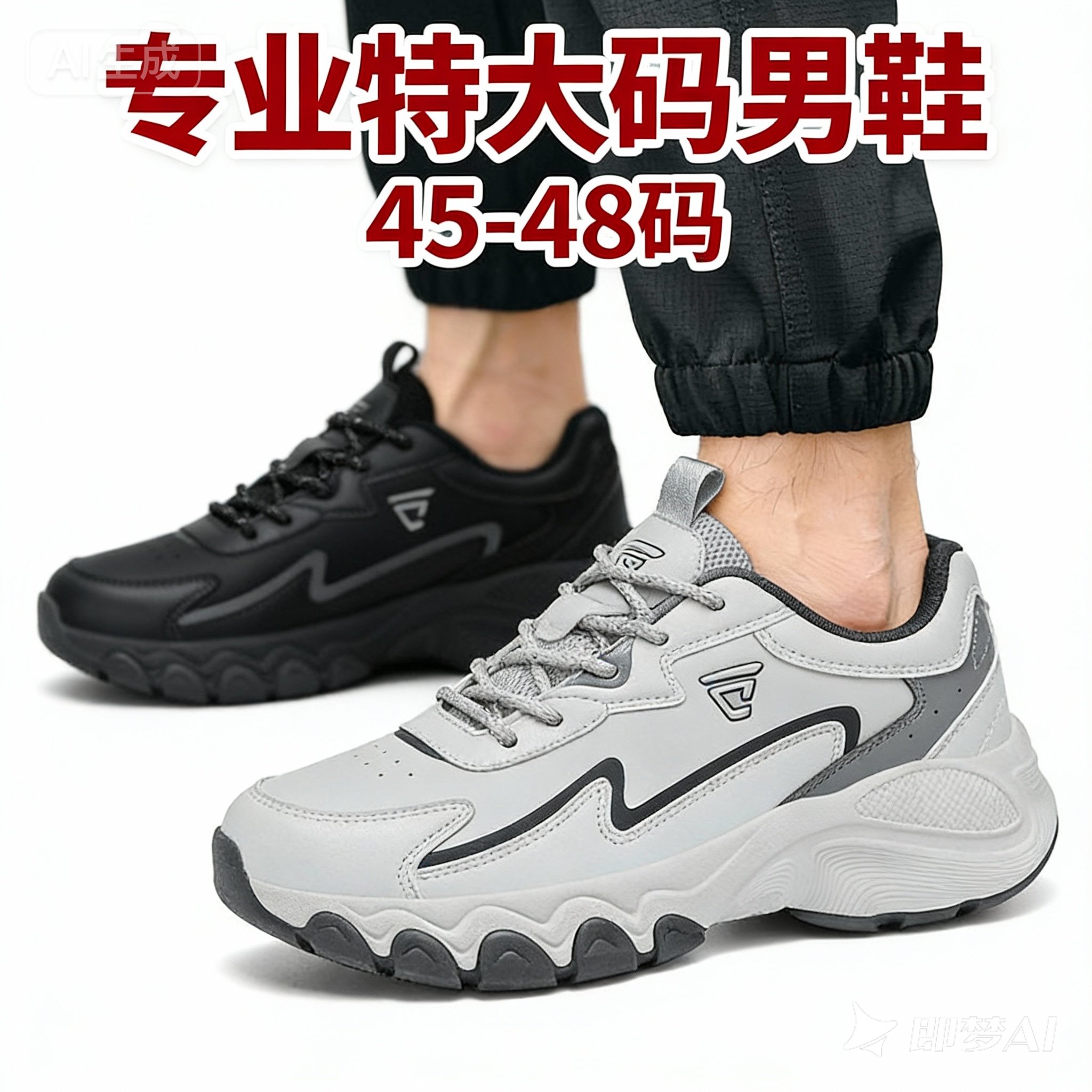 特大码45-48跑步鞋冬季皮面加肥加宽运动鞋男耐磨保暖系带老爹鞋