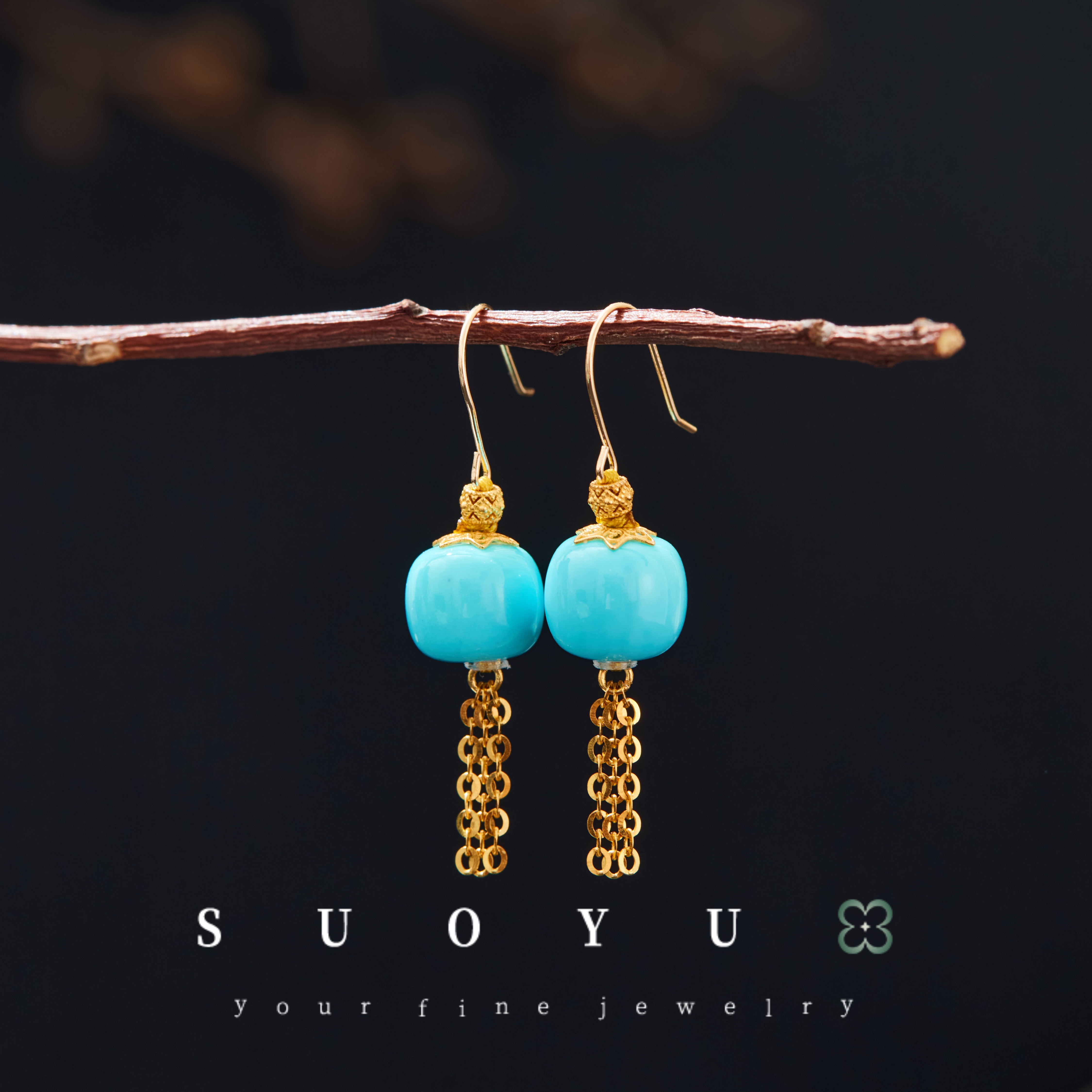 子乔专属【疏影】绿松高瓷蓝约8mm18k耳钩|XYGD9990328-F